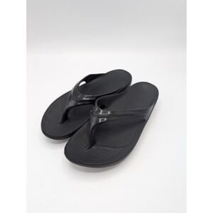 OOfos Black Metallic Thong Strap Recovery Sandals Flip Flops Women Size 11 42